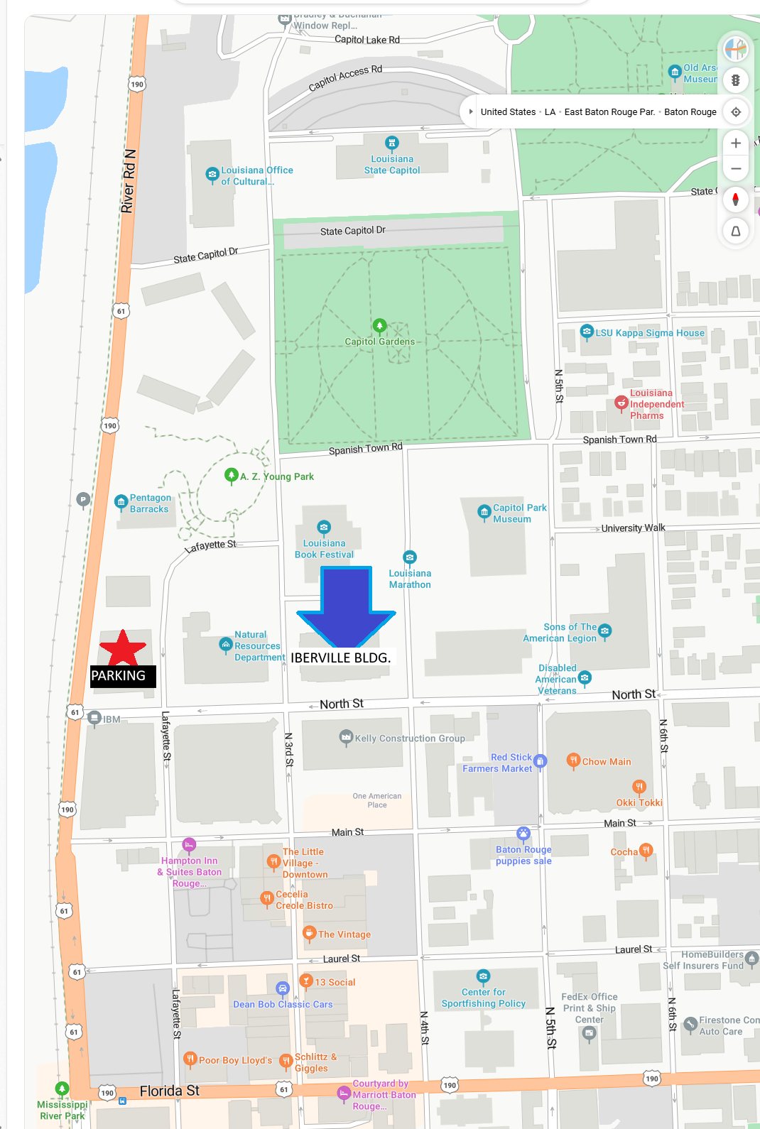 A street map showing the capitol area around the Iberville Building, bounded by the Capitol Building in the North, North 6th Street to the East, Florida Street to the South, and River Road North to the West.